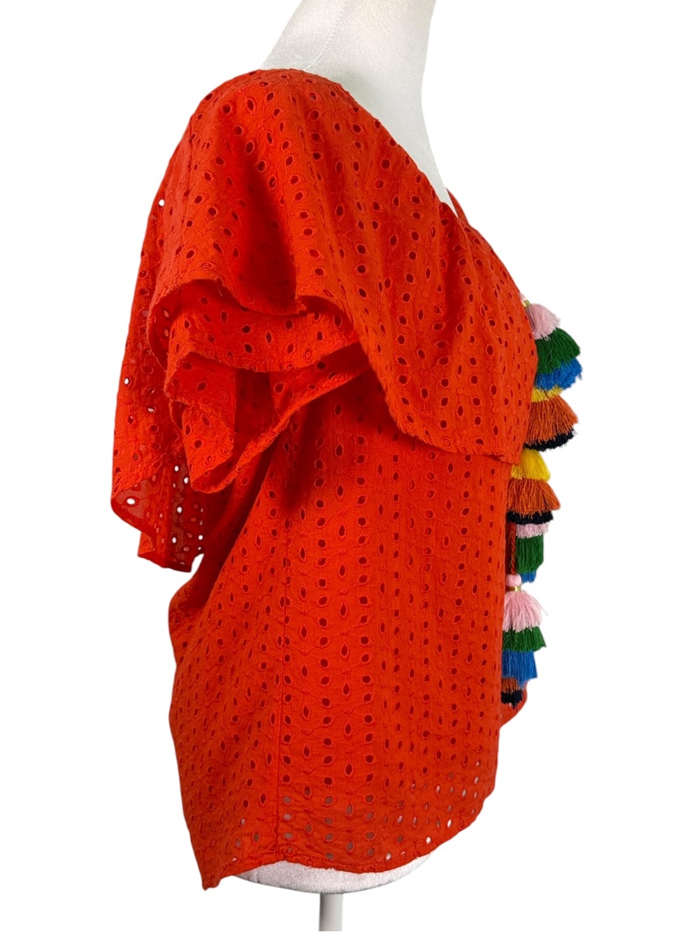 Tru Self Orange-Red Eyelet Off Shoulder Tassel Blouse Medium Boho Resort Top - Picture 4 of 11